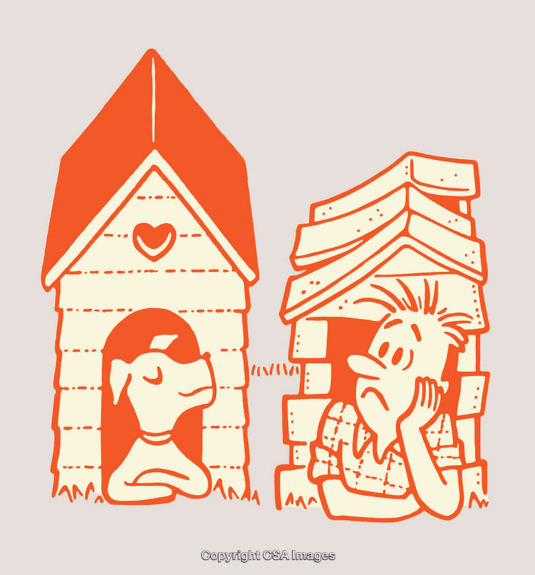 Illustration of a Dog and Human in Playful Doghouses Depiction