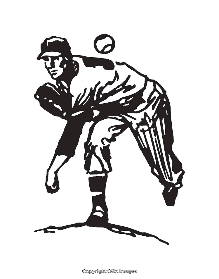 Black And White Illustration of a Baseball Pitcher in Action