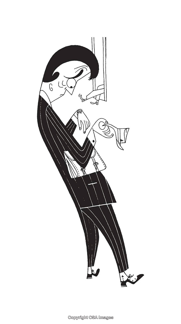 Cartoonish Black and White Illustration of a Dapper Man Observing His Watch