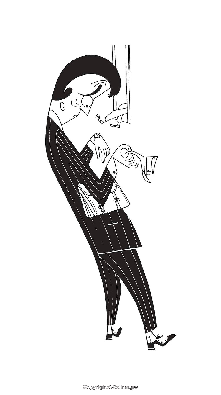 Cartoonish Black and White Illustration of a Dapper Man Observing His Watch