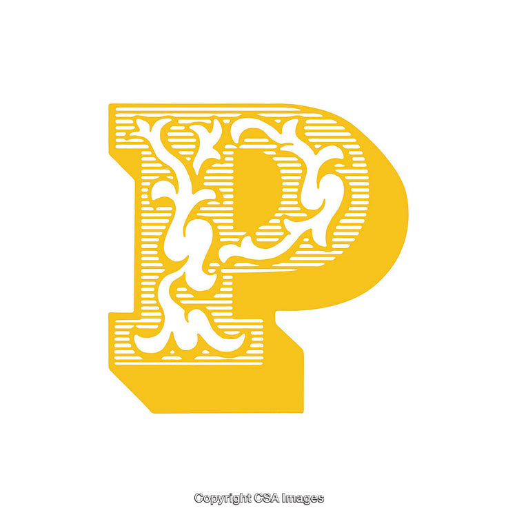 Decorative Yellow Letter P with Ornamental Design on White Background