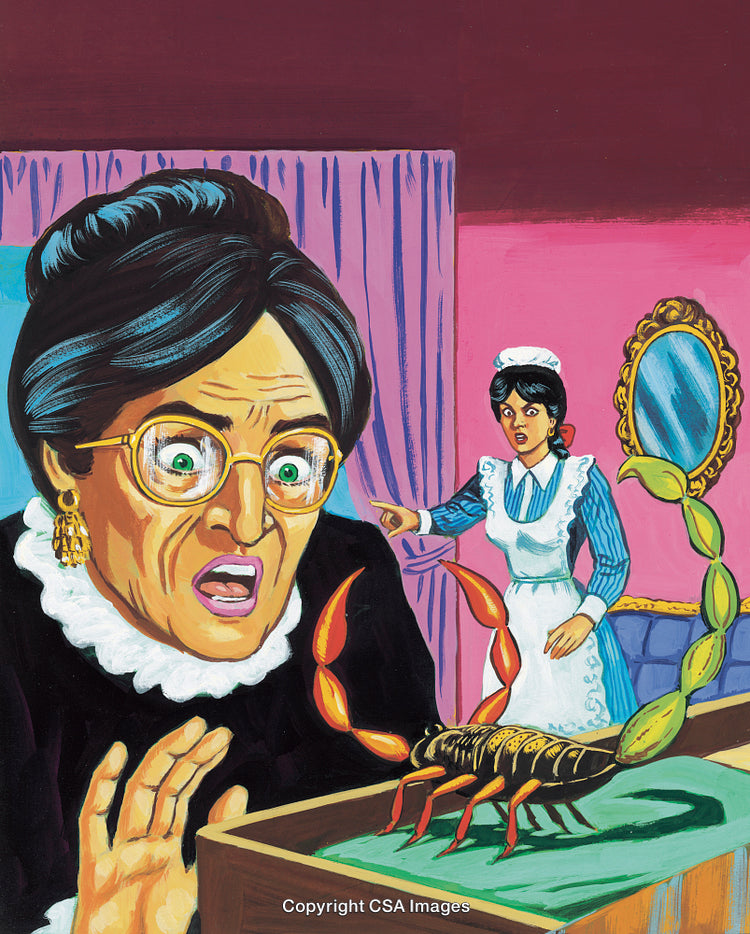 Surprised Elderly Woman with Scorpion on Display and Concerned Maid Nearby