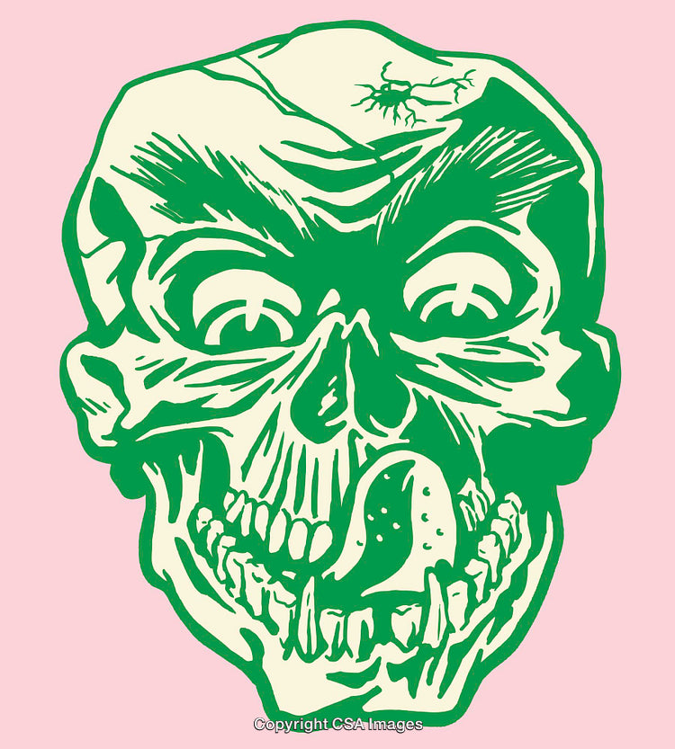 Stylized Skull Illustration with Green and Pink Contrast Color Scheme