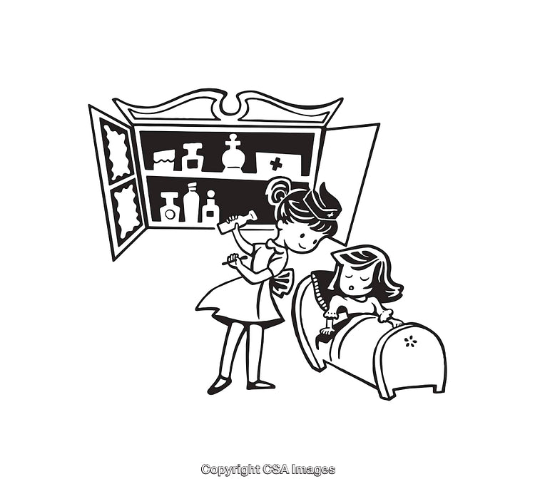 Vintage Black and White Illustration of Mother Caring for Sleeping Child