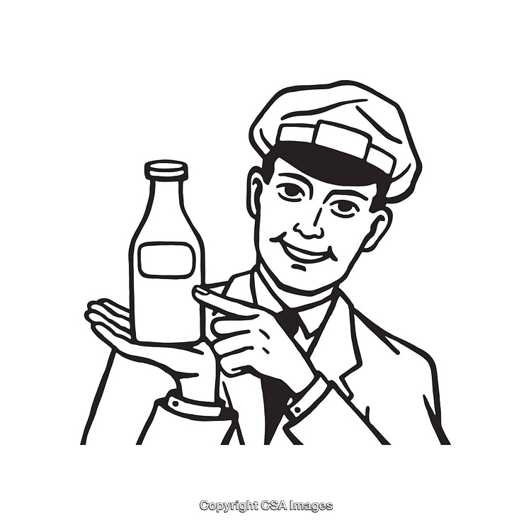 Vintage Milkman Holding Milk Bottle in Black and White Illustration