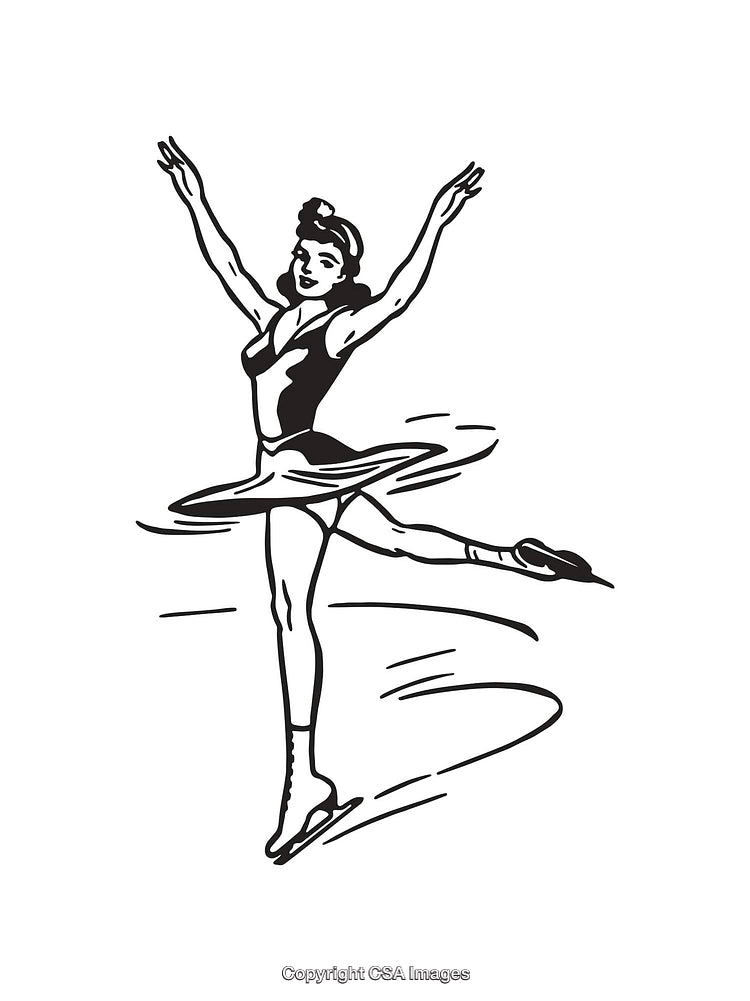 Elegant Figure Skater Performing Graceful Spin in Black and White Line Art