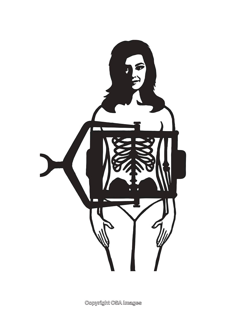 Black and White Line Art Illustration of Human Anatomy and X-Ray View
