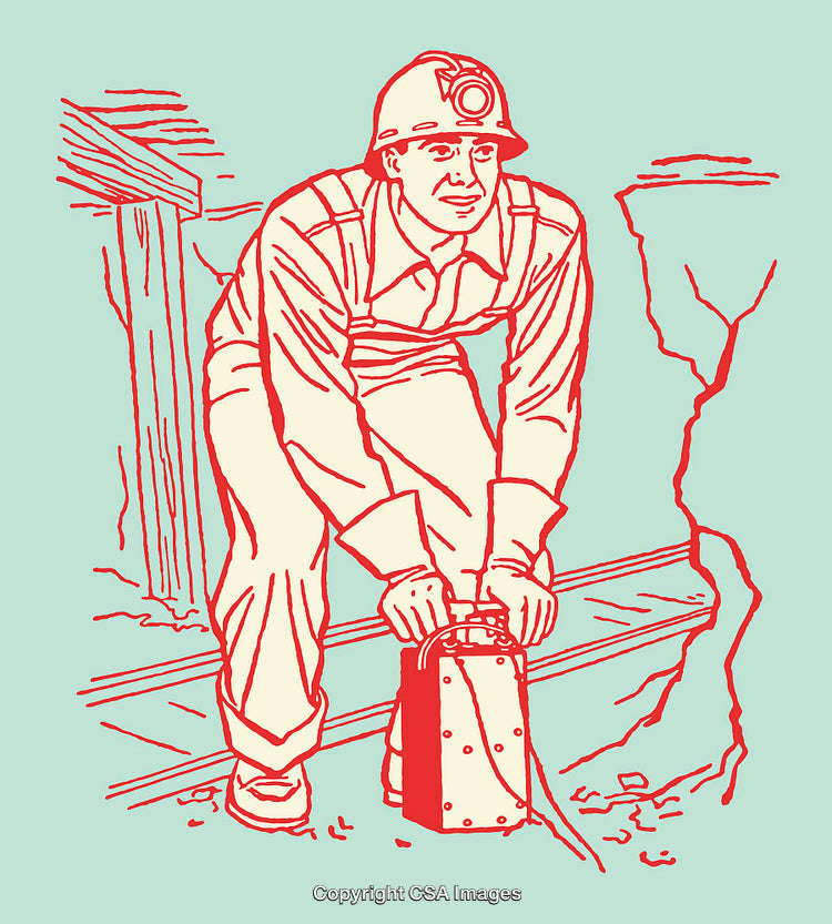 Miner Setting up Equipment Deep Underground in Line Art Illustration