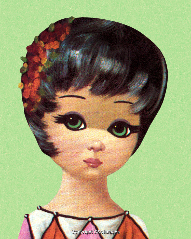 Illustration of a Doll with Large Green Eyes and Floral Accessories