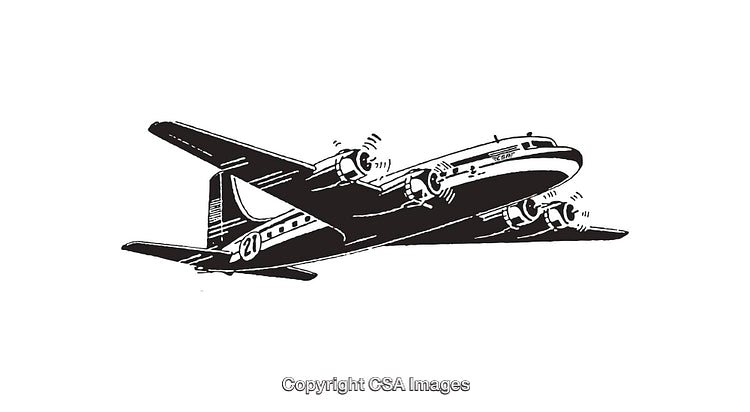 Vintage Black and White Line Art Illustration of an Airplane in Flight