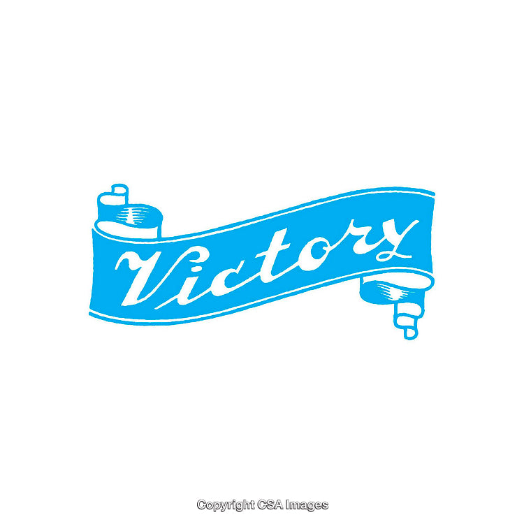Blue Victory Ribbon Banner with Stylized Text on White Background