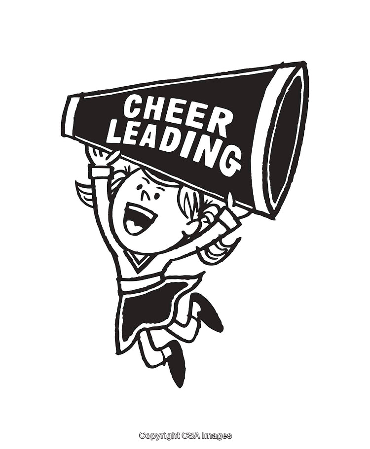Black And White Line Art Illustration of Cheerful Cheerleader with Megaphone
