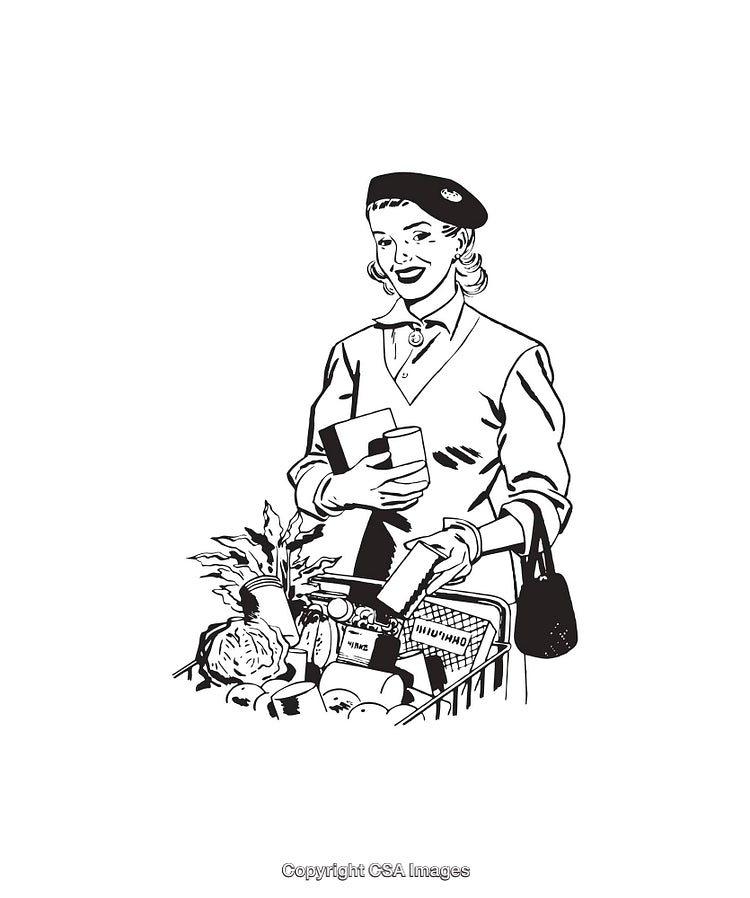 Vintage Black and White Line Art of Woman Grocery Shopping