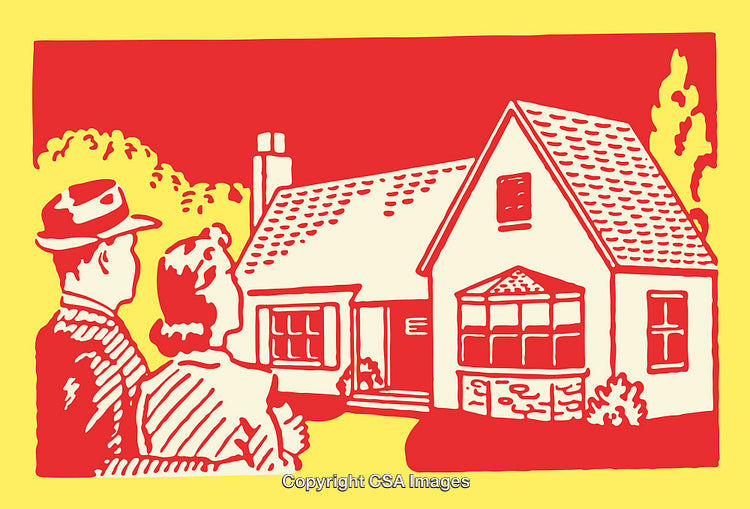 Retro Illustration of a Couple Viewing a Cottage with Red and Yellow Tones