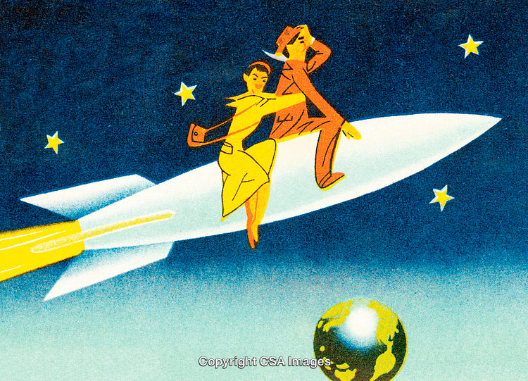 Retro Illustration of a Couple Riding a Rocket Through Space