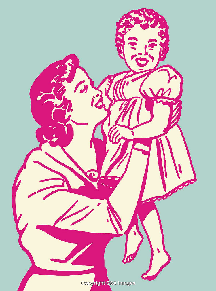 Mother Holding Baby in Vintage Color Line Art Illustration