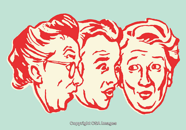 Red and Beige Vintage Line Art Illustration of Three Talking Faces