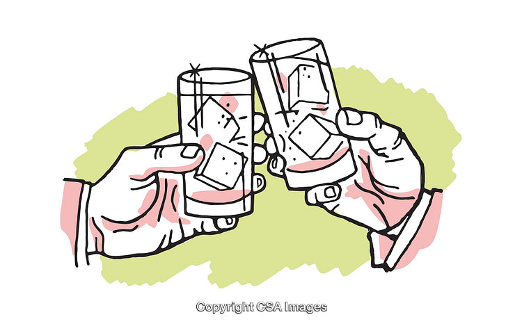 Colorful Illustration of Two Hands Toasting with Drinks in Glasses