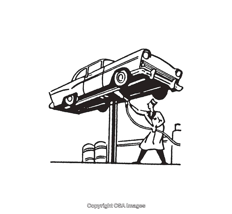 Vintage Line Art Illustration of Car Maintenance on Hydraulic Lift