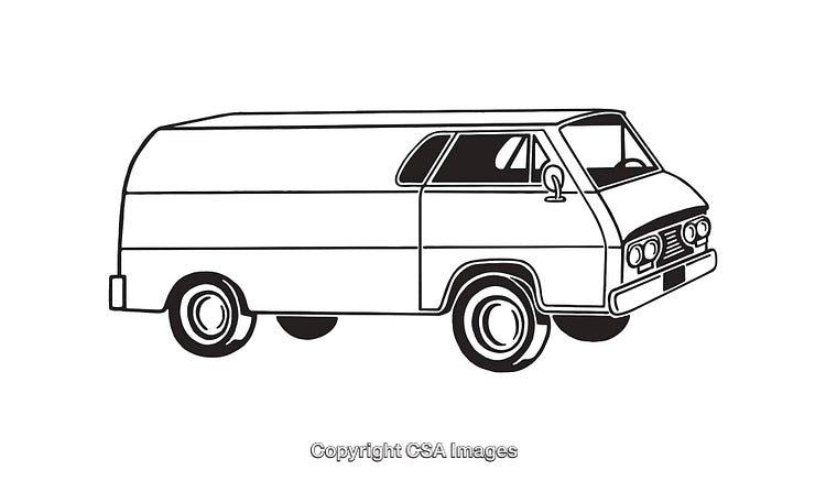 Black and White Line Art Illustration of Retro Style Van