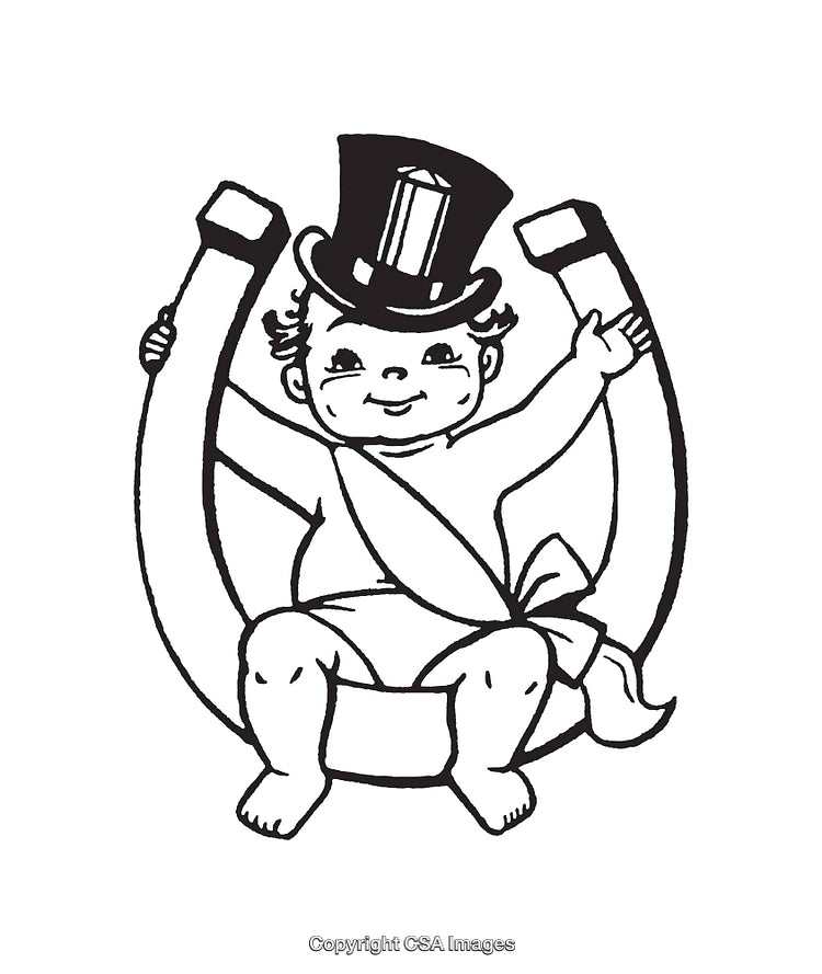 Line Art Illustration of Baby With Horseshoe and Top Hat