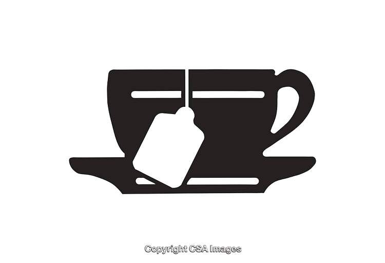 Black and White Silhouette of Teacup with Tea Bag on Saucer