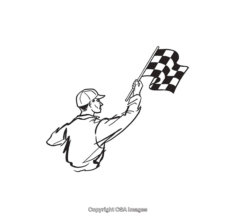 Black and White Racing Line Art with Checker Flag