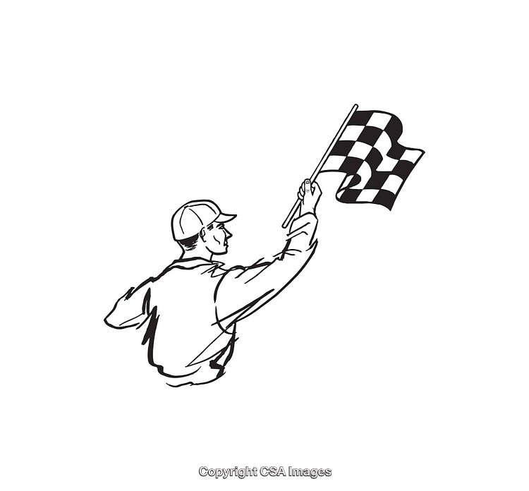 Black and White Racing Line Art with Checker Flag