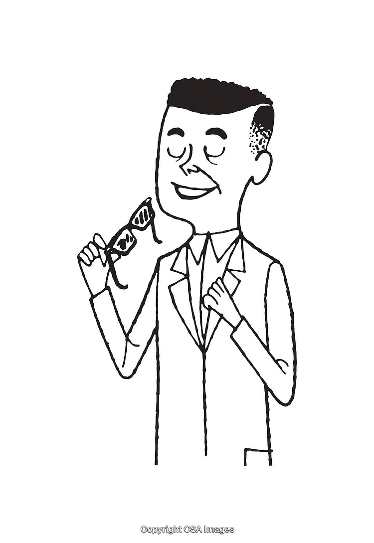 Black and White Illustration of a Person Holding Sunglasses with a Smile