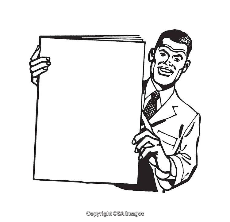 Retro Line Art of Businessman with Blank Poster in Black and White
