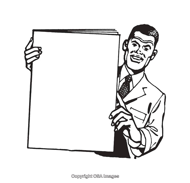 Retro Line Art of Businessman with Blank Poster in Black and White