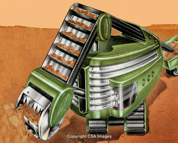 Futuristic Green Mining Machine Harvesting Resources on a Mars-Like Terrain
