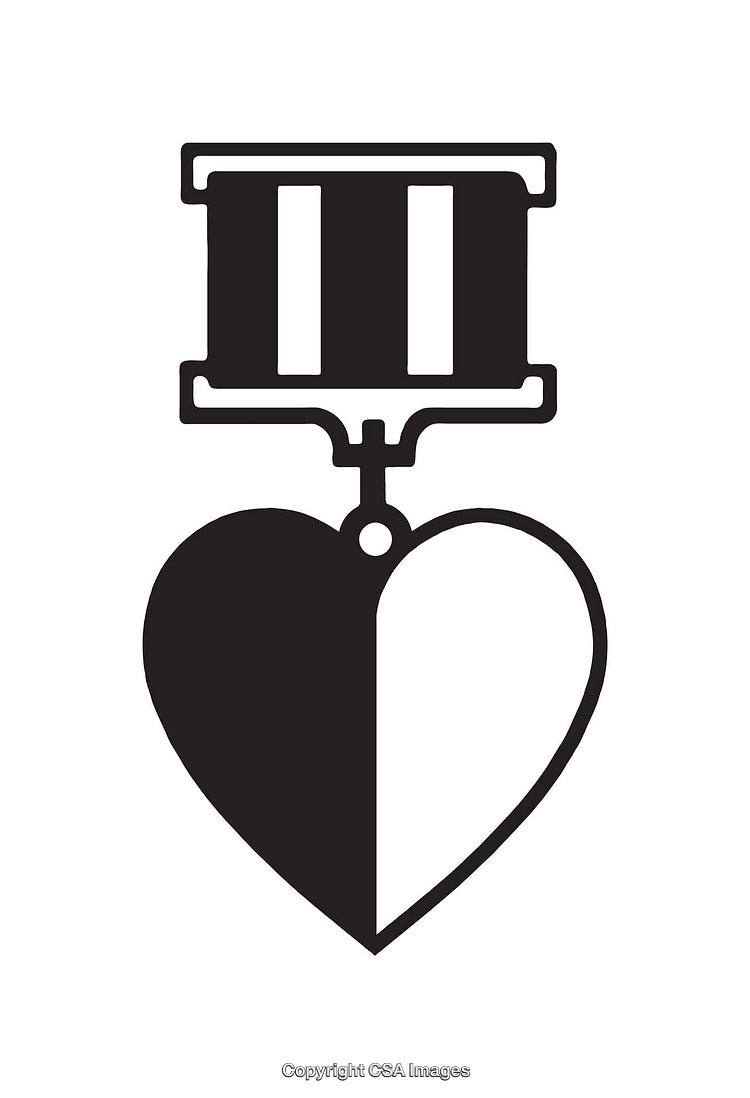 Black and White Heart Medal Icon with Symmetrical Design