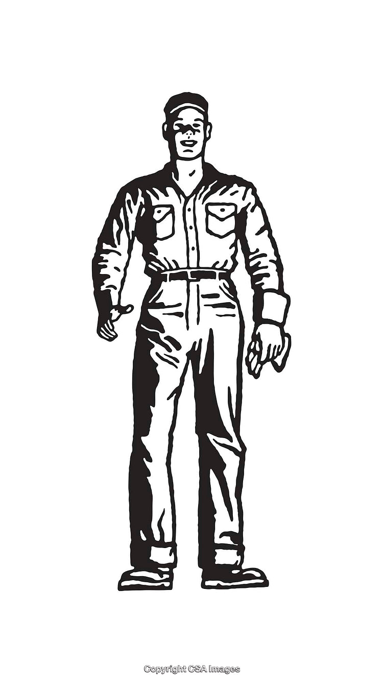 Black and White Line Art of a Standing Worker Character