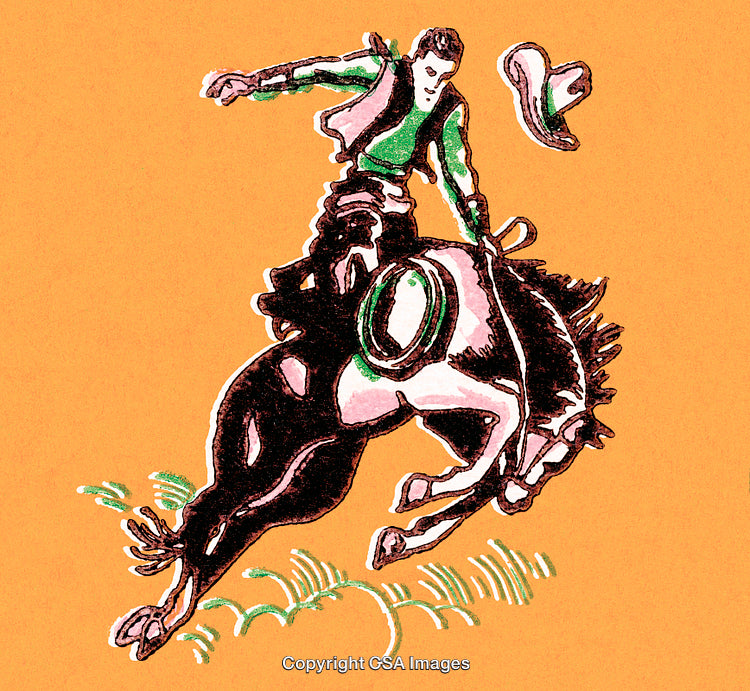 Dynamic Illustration of a Cowboy Riding a Bucking Horse in Action