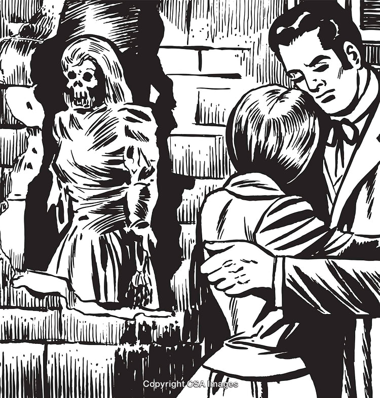 Black And White Illustration Featuring Romantic Couple And Ghost Encounter