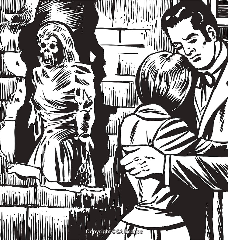Black And White Illustration Featuring Romantic Couple And Ghost Encounter