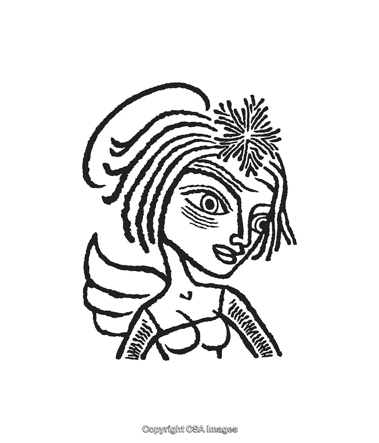 Black and White Illustration of a Stylized Angelic Figure in Line Art