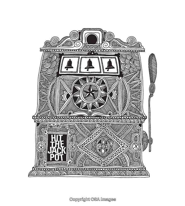 Detailed Black and White Line Art of a Classic Slot Machine