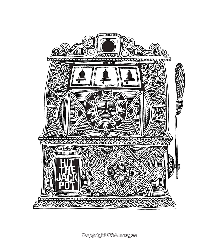 Detailed Black and White Line Art of a Classic Slot Machine
