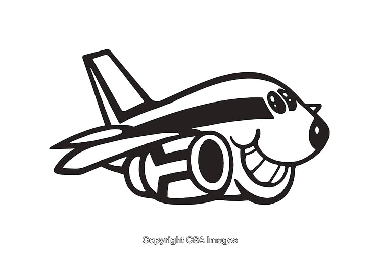 Cute Smiling Airplane Illustration in Black and White Line Art Style