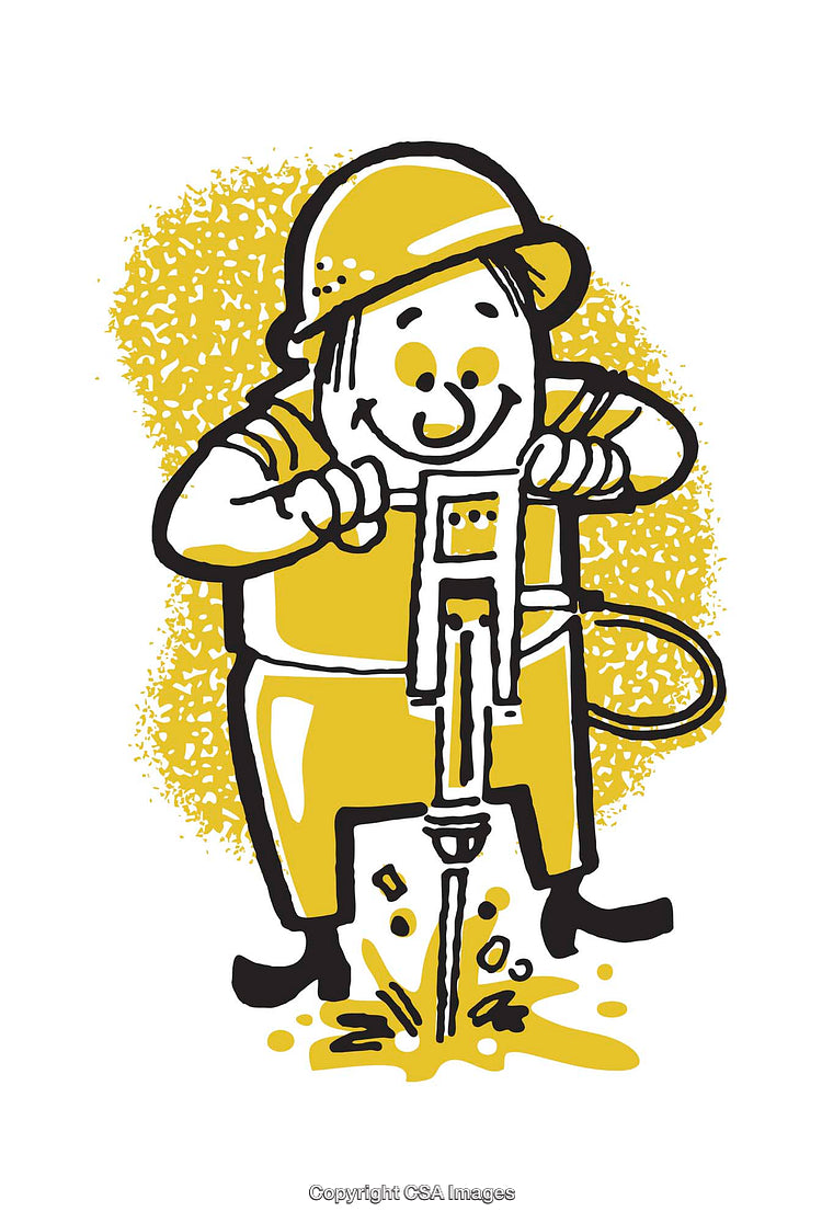 Cheerful Worker Using a Jackhammer in Illustrated Art Style