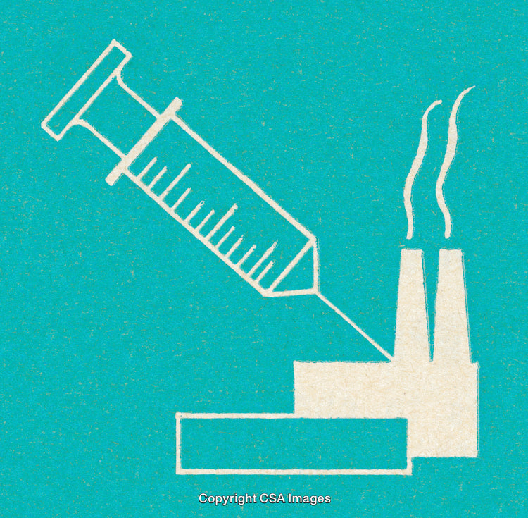 Illustration of Medical Syringe and Factory Symbolizing Industrial Healthcare