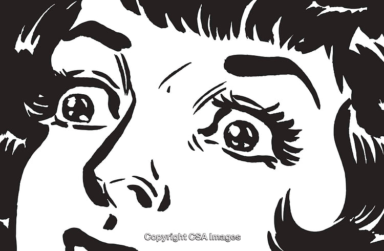 Black and White Retro Illustration of Shocked Woman's Face Close-Up