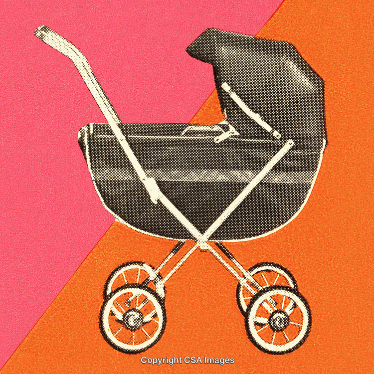 Vintage Baby Stroller in Colorful Pop Art Style with Retro Dot Texture