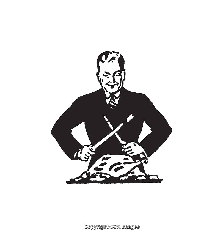 Retro Illustration of a Gentleman Carving a Roast in Black and White