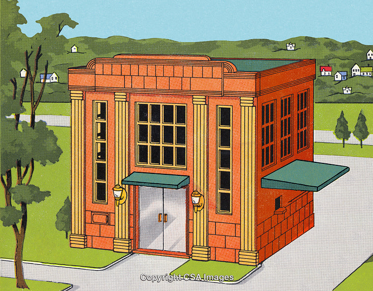Illustrated Small Brick Building in a Scenic Suburban Setting