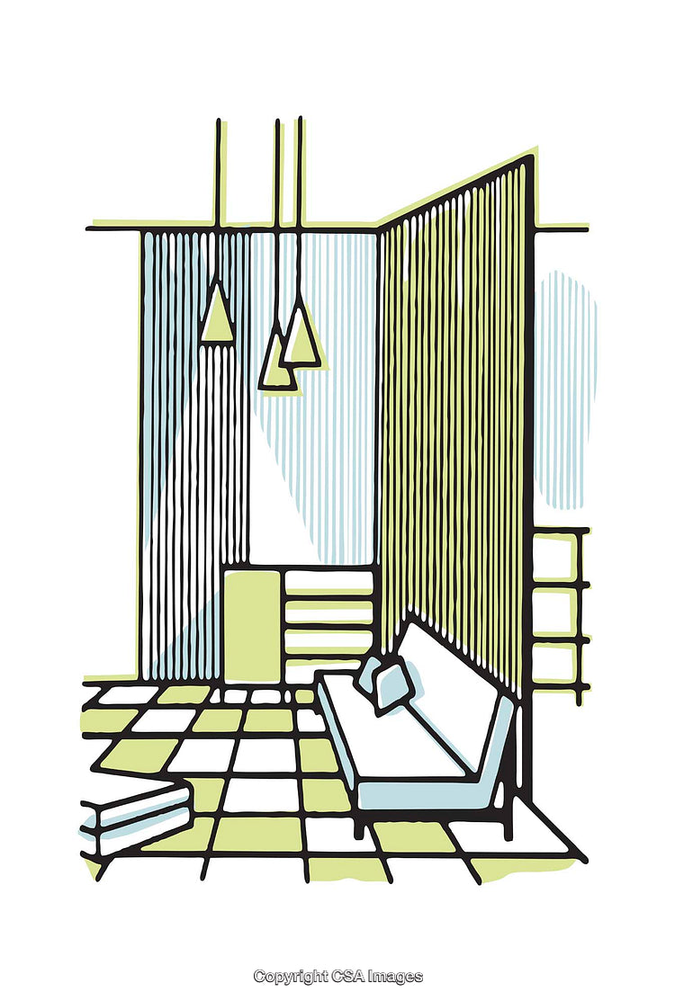 Stylized Modern Interior Illustration with Minimalist Furniture and Geometric Design Elements