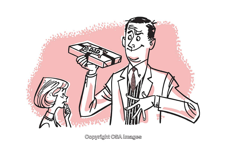 Illustration Depicting a Businessman Displaying an Idea to a Curious Viewer