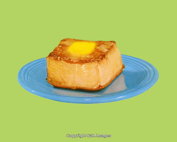 Stylized Illustration of Toast with Butter on Plate, Vibrant Retro Style